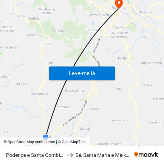 Podence e Santa Combinha to Sé, Santa Maria e Meixedo map