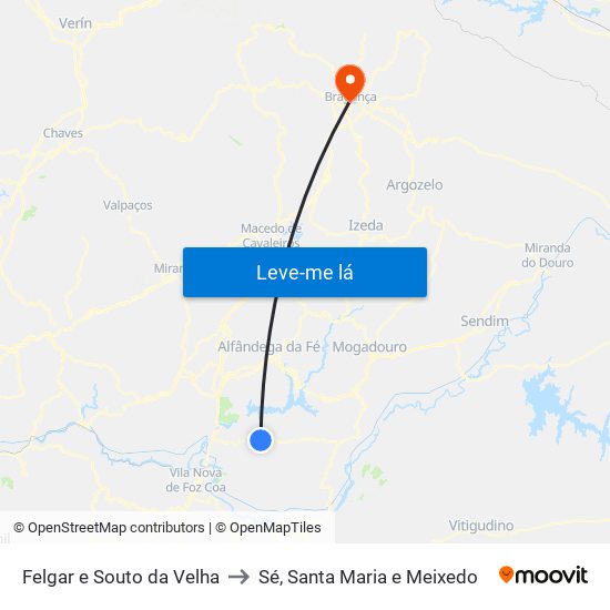 Felgar e Souto da Velha to Sé, Santa Maria e Meixedo map