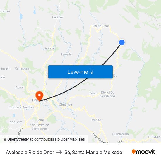 Aveleda e Rio de Onor to Sé, Santa Maria e Meixedo map