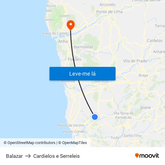 Balazar to Cardielos e Serreleis map