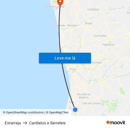 Estarreja to Cardielos e Serreleis map