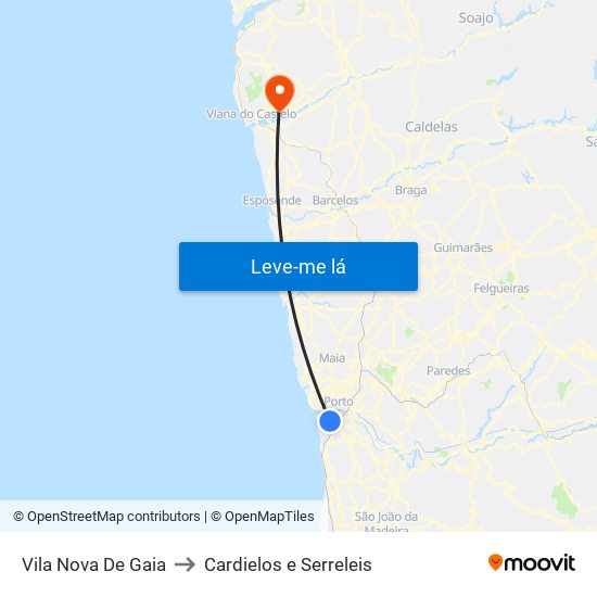 Vila Nova De Gaia to Cardielos e Serreleis map