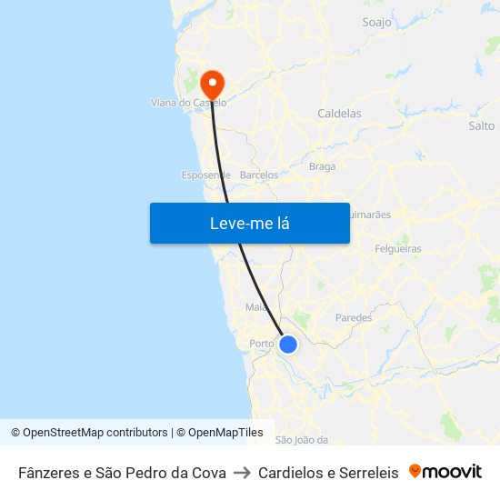 Fânzeres e São Pedro da Cova to Cardielos e Serreleis map