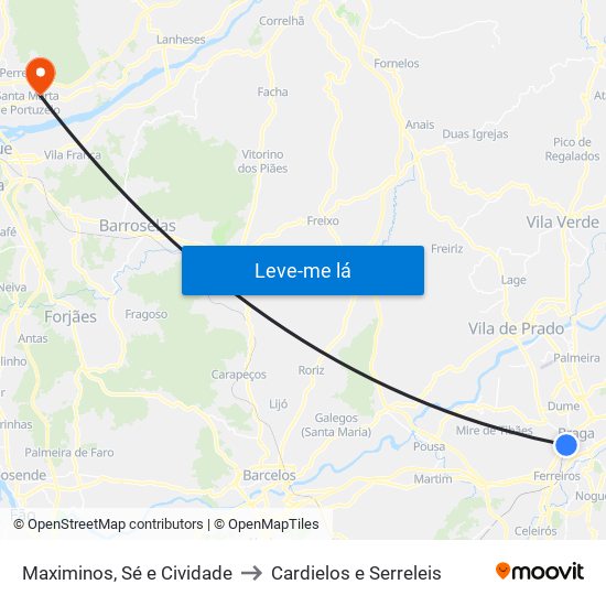 Maximinos, Sé e Cividade to Cardielos e Serreleis map