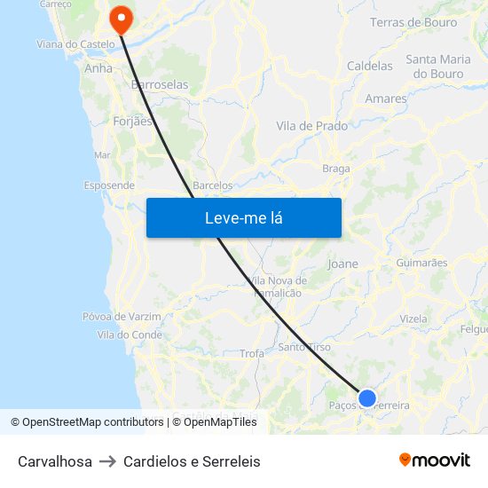 Carvalhosa to Cardielos e Serreleis map