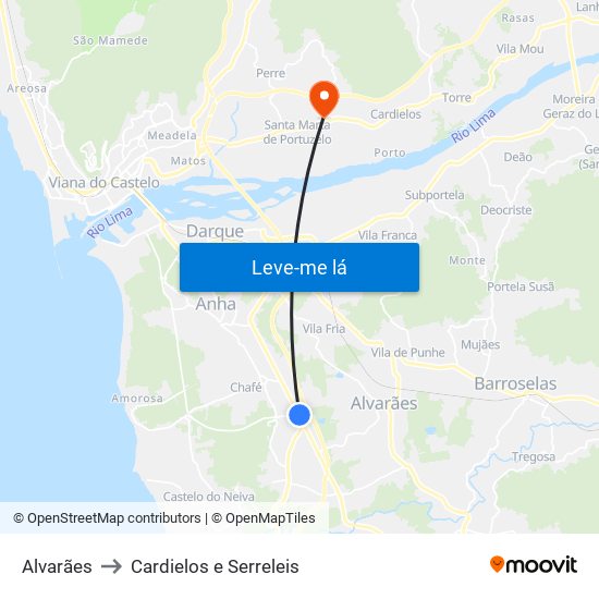 Alvarães to Cardielos e Serreleis map