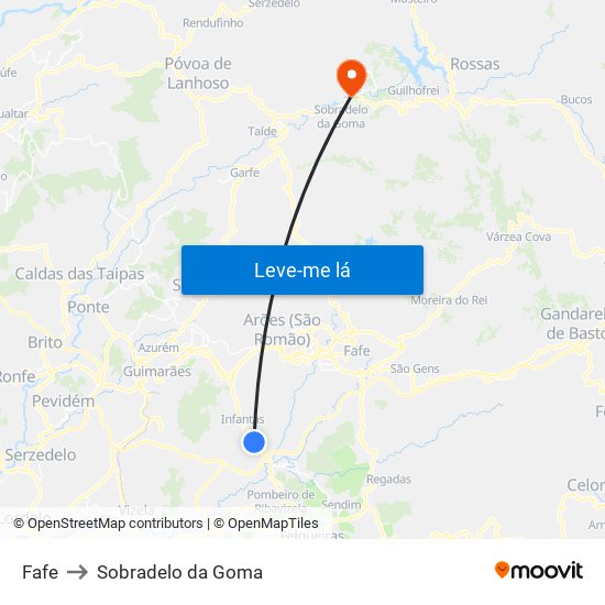 Fafe to Sobradelo da Goma map