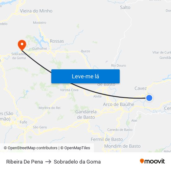 Ribeira De Pena to Sobradelo da Goma map