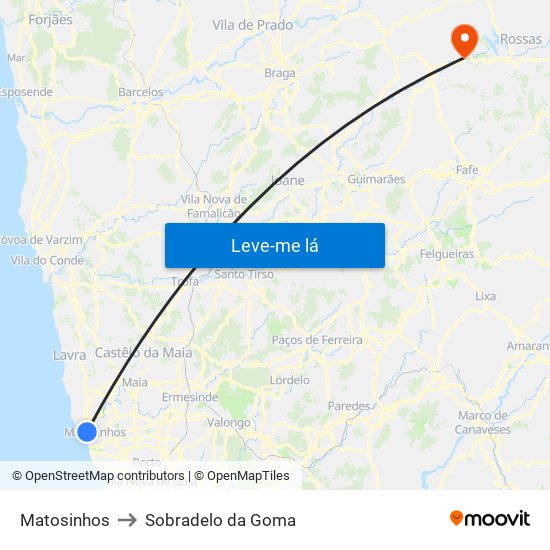 Matosinhos to Sobradelo da Goma map