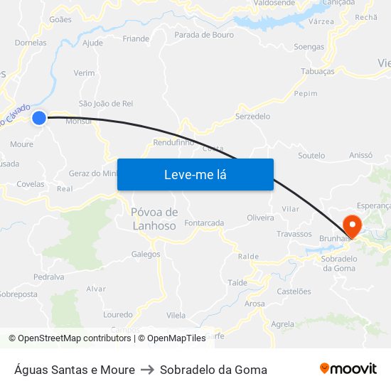 Águas Santas e Moure to Sobradelo da Goma map