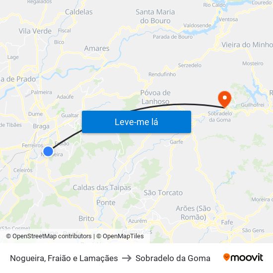 Nogueira, Fraião e Lamaçães to Sobradelo da Goma map