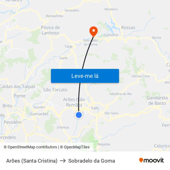 Arões (Santa Cristina) to Sobradelo da Goma map