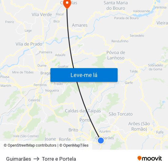 Guimarães to Torre e Portela map