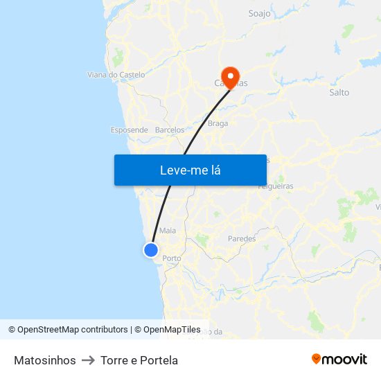 Matosinhos to Torre e Portela map