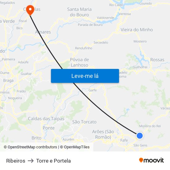 Ribeiros to Torre e Portela map