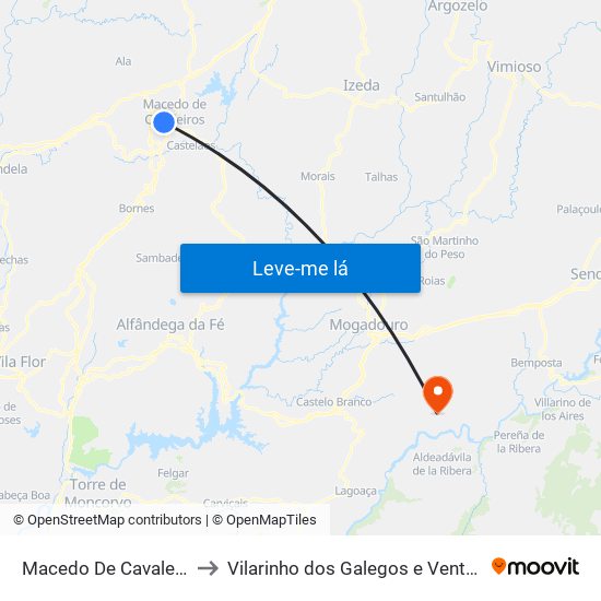Macedo De Cavaleiros to Vilarinho dos Galegos e Ventozelo map