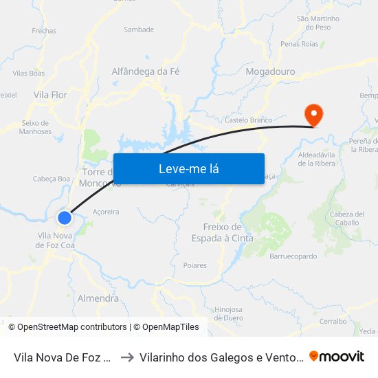 Vila Nova De Foz Côa to Vilarinho dos Galegos e Ventozelo map