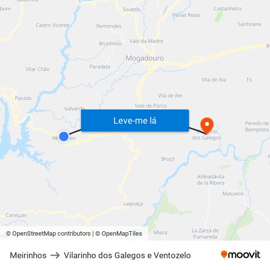 Meirinhos to Vilarinho dos Galegos e Ventozelo map
