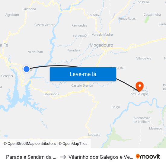 Parada e Sendim da Ribeira to Vilarinho dos Galegos e Ventozelo map