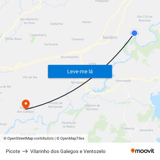 Picote to Vilarinho dos Galegos e Ventozelo map