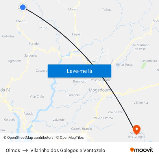 Olmos to Vilarinho dos Galegos e Ventozelo map