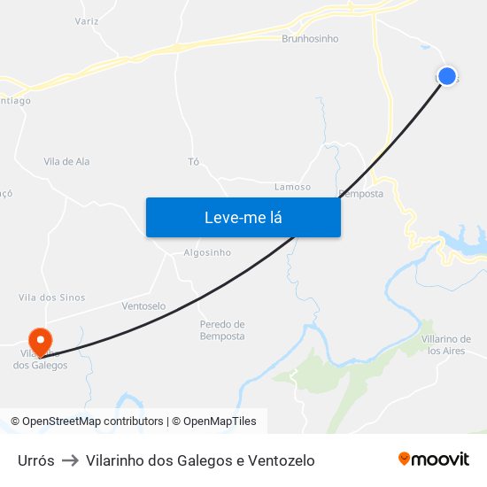 Urrós to Vilarinho dos Galegos e Ventozelo map