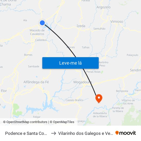 Podence e Santa Combinha to Vilarinho dos Galegos e Ventozelo map
