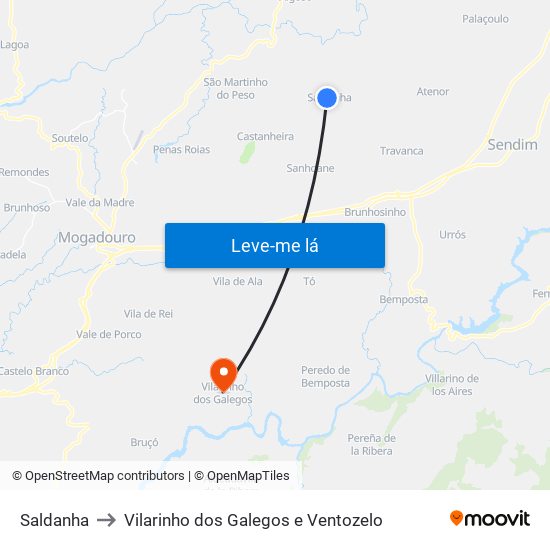 Saldanha to Vilarinho dos Galegos e Ventozelo map