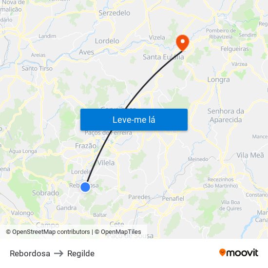 Rebordosa to Regilde map