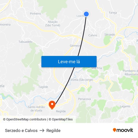 Serzedo e Calvos to Regilde map