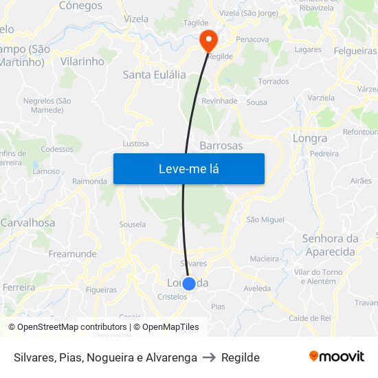 Silvares, Pias, Nogueira e Alvarenga to Regilde map