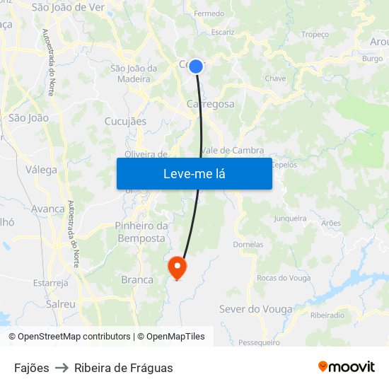 Fajões to Ribeira de Fráguas map