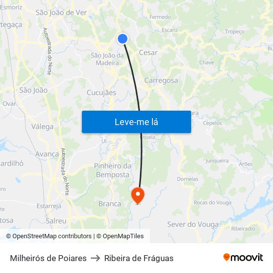 Milheirós de Poiares to Ribeira de Fráguas map