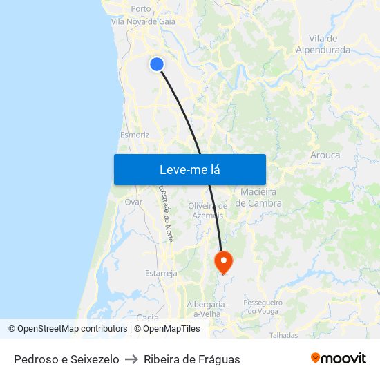 Pedroso e Seixezelo to Ribeira de Fráguas map