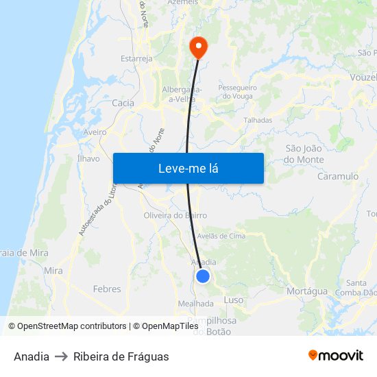 Anadia to Ribeira de Fráguas map