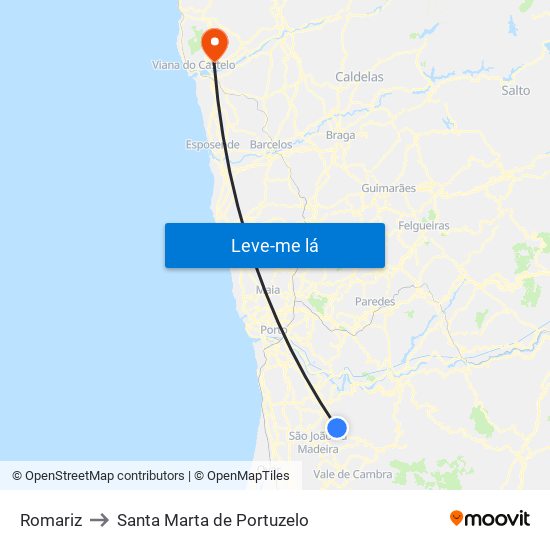 Romariz to Santa Marta de Portuzelo map