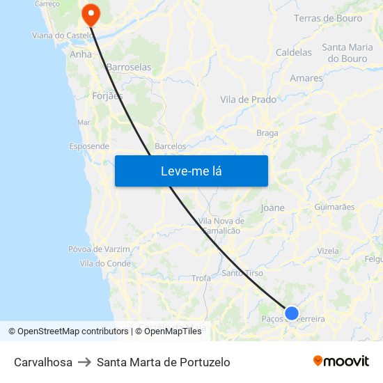 Carvalhosa to Santa Marta de Portuzelo map