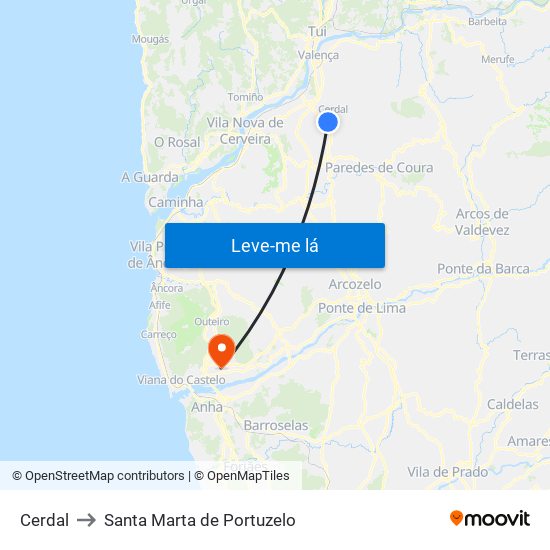 Cerdal to Santa Marta de Portuzelo map