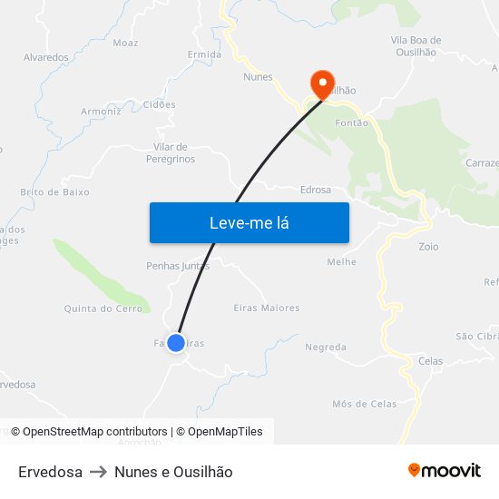 Ervedosa to Nunes e Ousilhão map