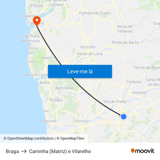 Braga to Caminha (Matriz) e Vilarelho map