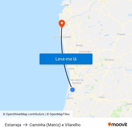 Estarreja to Caminha (Matriz) e Vilarelho map