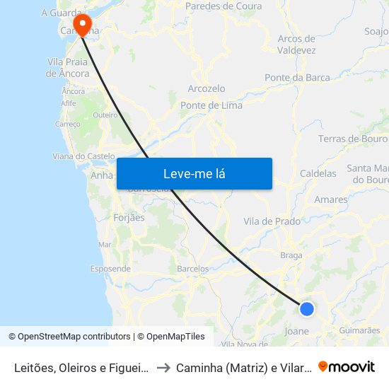 Leitões, Oleiros e Figueiredo to Caminha (Matriz) e Vilarelho map