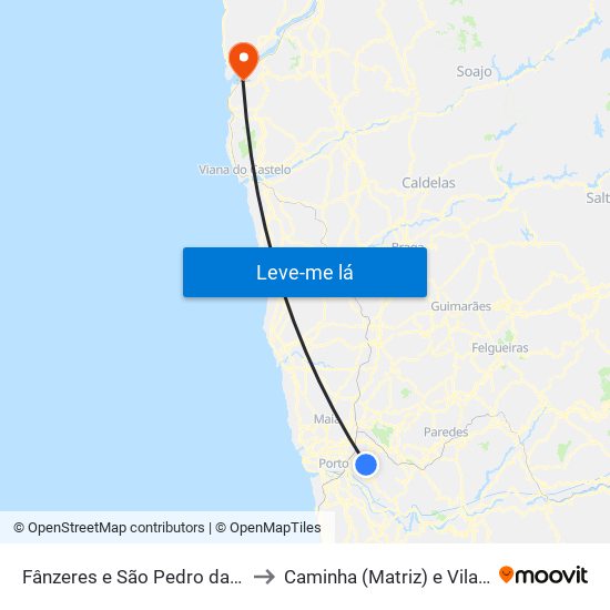 Fânzeres e São Pedro da Cova to Caminha (Matriz) e Vilarelho map