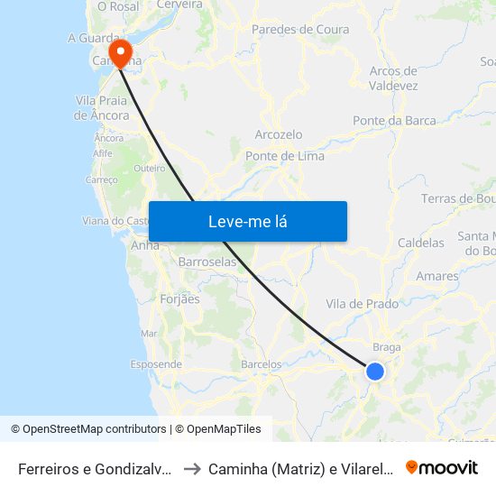 Ferreiros e Gondizalves to Caminha (Matriz) e Vilarelho map