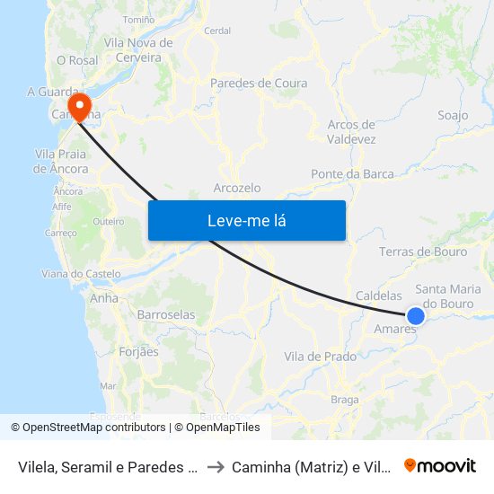 Vilela, Seramil e Paredes Secas to Caminha (Matriz) e Vilarelho map