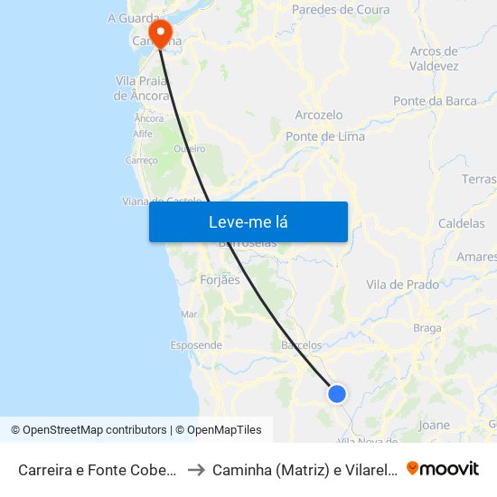 Carreira e Fonte Coberta to Caminha (Matriz) e Vilarelho map