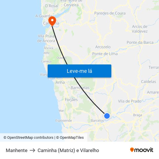Manhente to Caminha (Matriz) e Vilarelho map