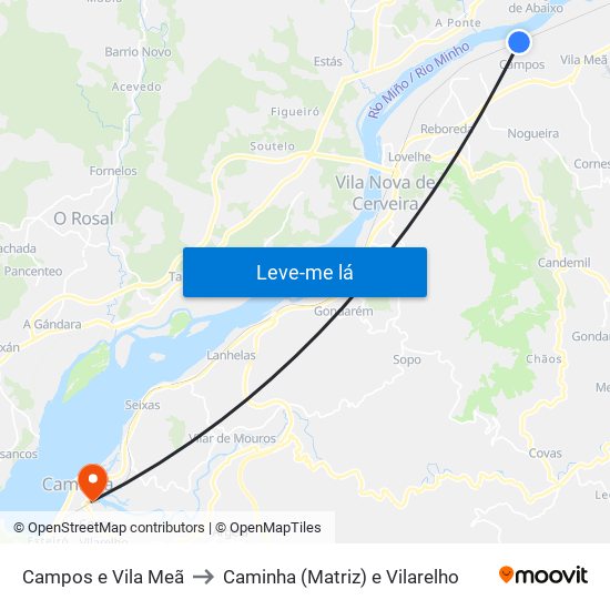 Campos e Vila Meã to Caminha (Matriz) e Vilarelho map