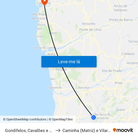 Gondifelos, Cavalões e Outiz to Caminha (Matriz) e Vilarelho map