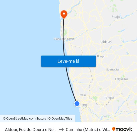 Aldoar, Foz do Douro e Nevogilde to Caminha (Matriz) e Vilarelho map